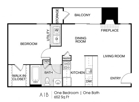 Floor plan for 1 bed, 1 bath, 652 sqft